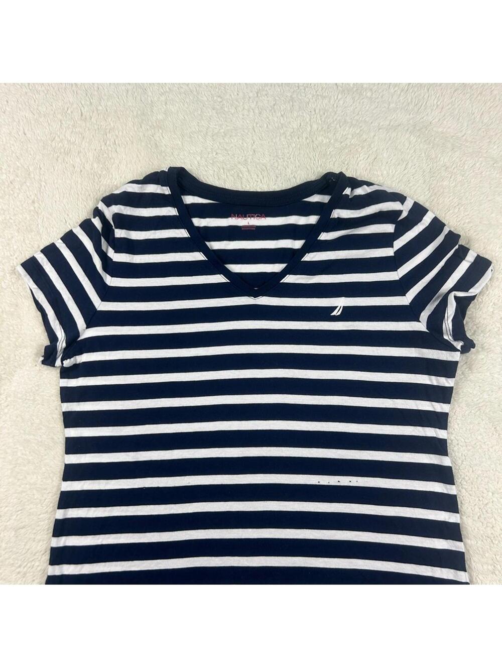 Nautica Women's Navy White Striped V-Neck Short Sleeve Tee Shirt Casual Top - Picture 3 of 9